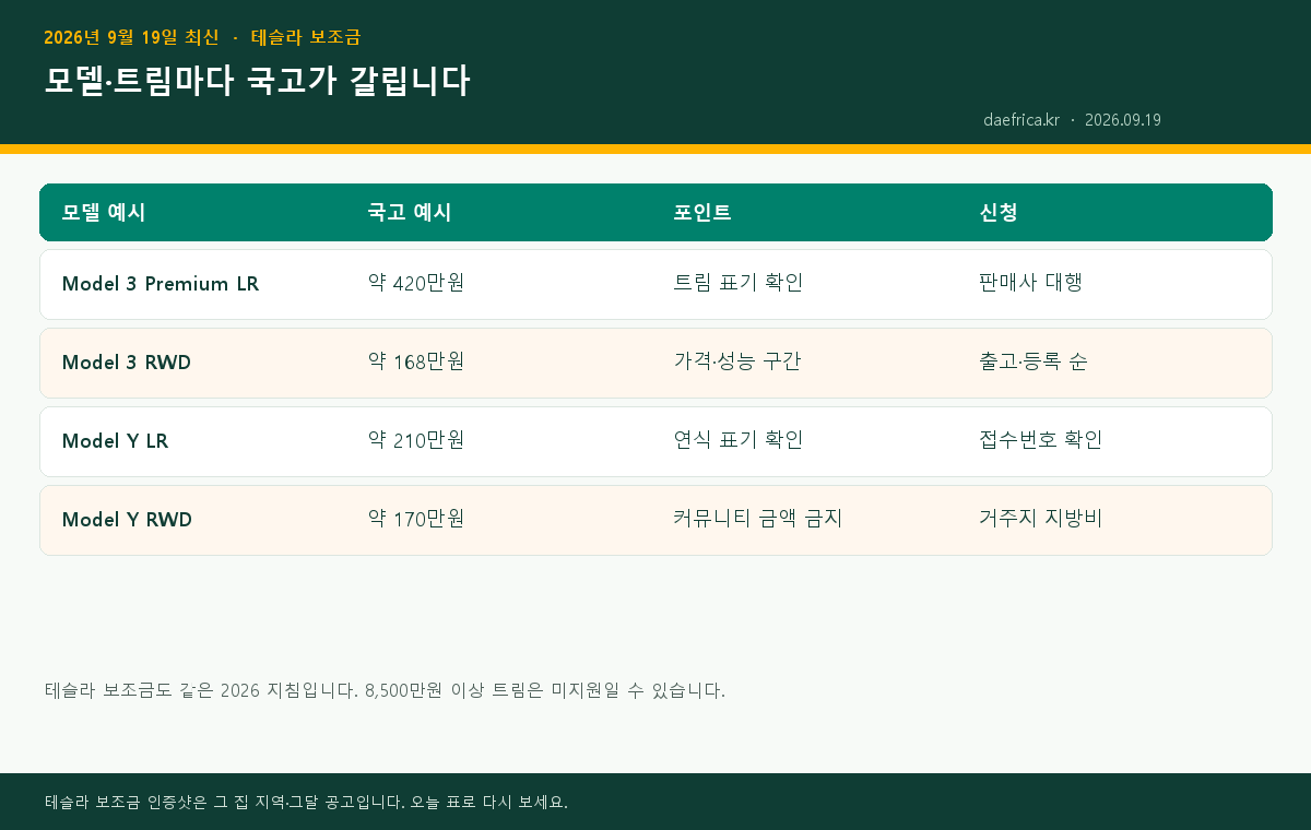 테슬라 보조금 모델별 국고 예시 인포그래픽